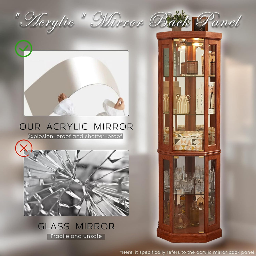 70' Lighted Corner Curio Cabinet, Wood China Display Case with Tempered Glass Doors & Adjustable Shelves, Light Bulb Included, Tall Wine Storage Rack for Bar and Liquor Storage (Dark Oak)