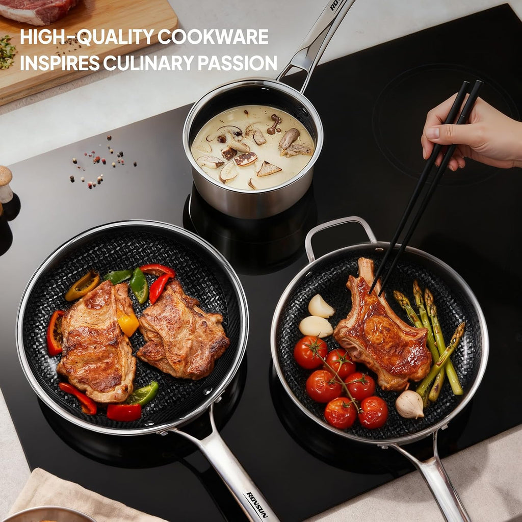 Bonnlo 10 Pieces Cookware Set, 3-Ply Stainless Steel Skillets Set, Non-Toxic Kitchen Set, Oven & Dishwasher Safe, Induction Cooking Set, PFOA & PTFE Free, Compatible for All Cooktops