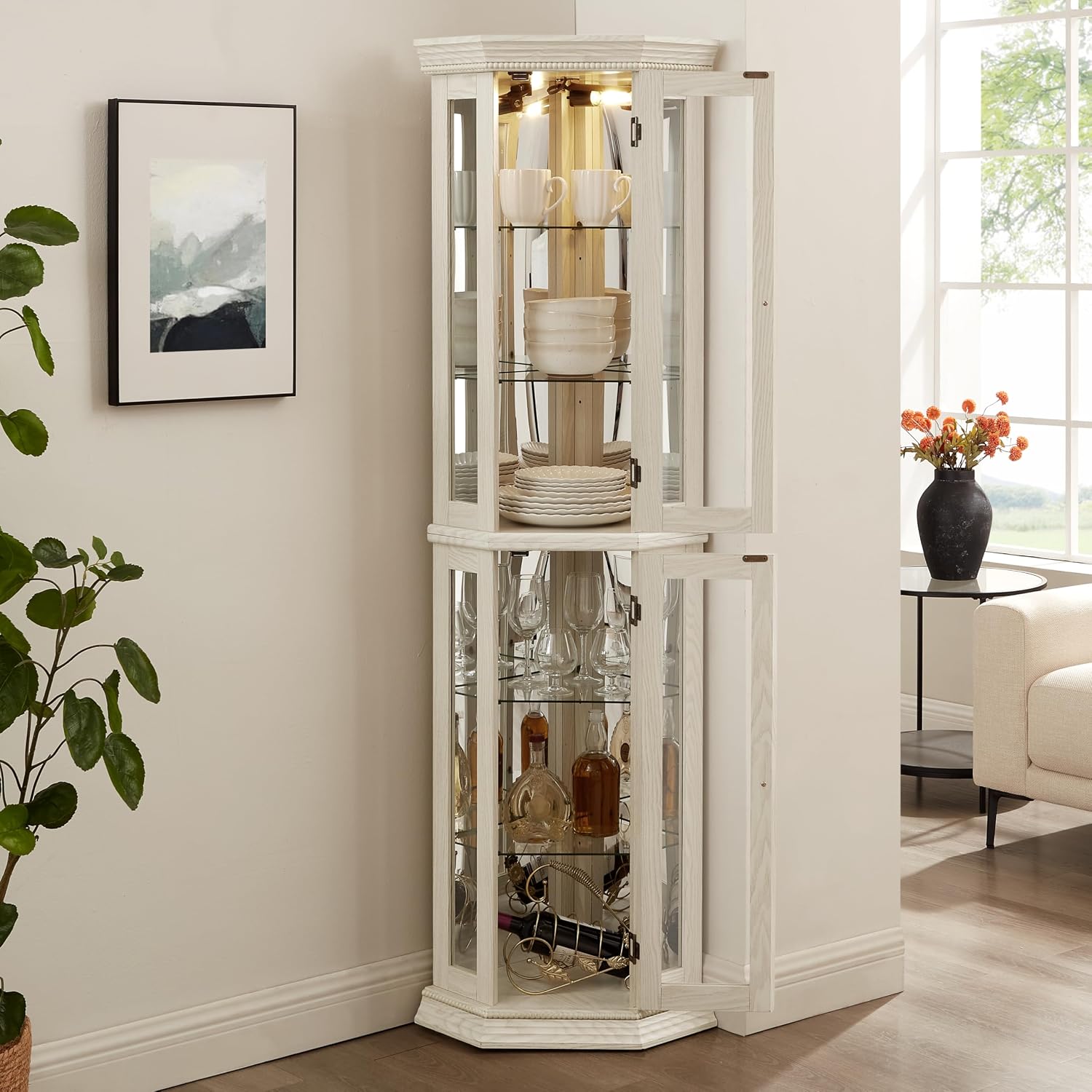 69'H Lighted Corner Display Cabinet, 6-Tier Wooden Curio Glass Cabinet with Adjustable Shelves & Glass Door, Corner Storage Display Case with Mirrored Back Pane for Living Room (Antique White)