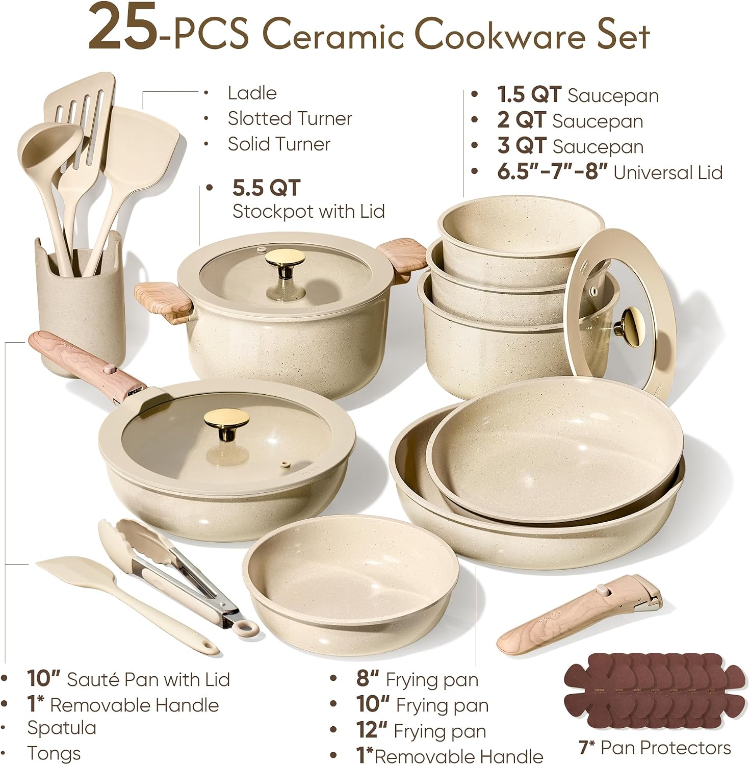 CAROTE 25PCS Ceramic Cookware Set, Pots and Pans set Non Stick, RV Kitchen Cooking Set Removable Handles, Oven Safe, Induction Cookware, Non-toxic Kitchen Cooking Set, PFAS and PFOA Free
