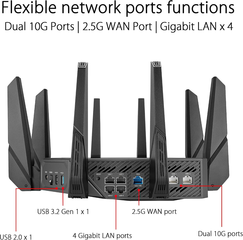 ASUS ROG Rapture WiFi 6E Gaming Router (GT-AXE16000) - Quad-Band, 6 GHz Ready, Dual 10G Ports, 2.5G WAN Port, AiMesh Support, Triple-Level Game Acceleration, Lifetime Internet Security, Instant Guard