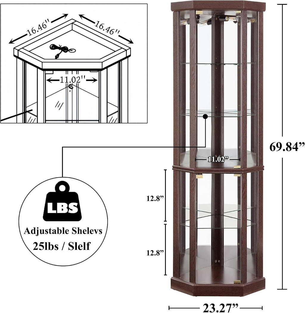 69' H Lighted Curio Cabinet Corner Display Case,Corner Glass Cabinets with Tempered Glass Door and Adjustable Shelves,Wooden Curio Cabinet with Mirrored Back Pane (Style 1 - Dark Cherry)