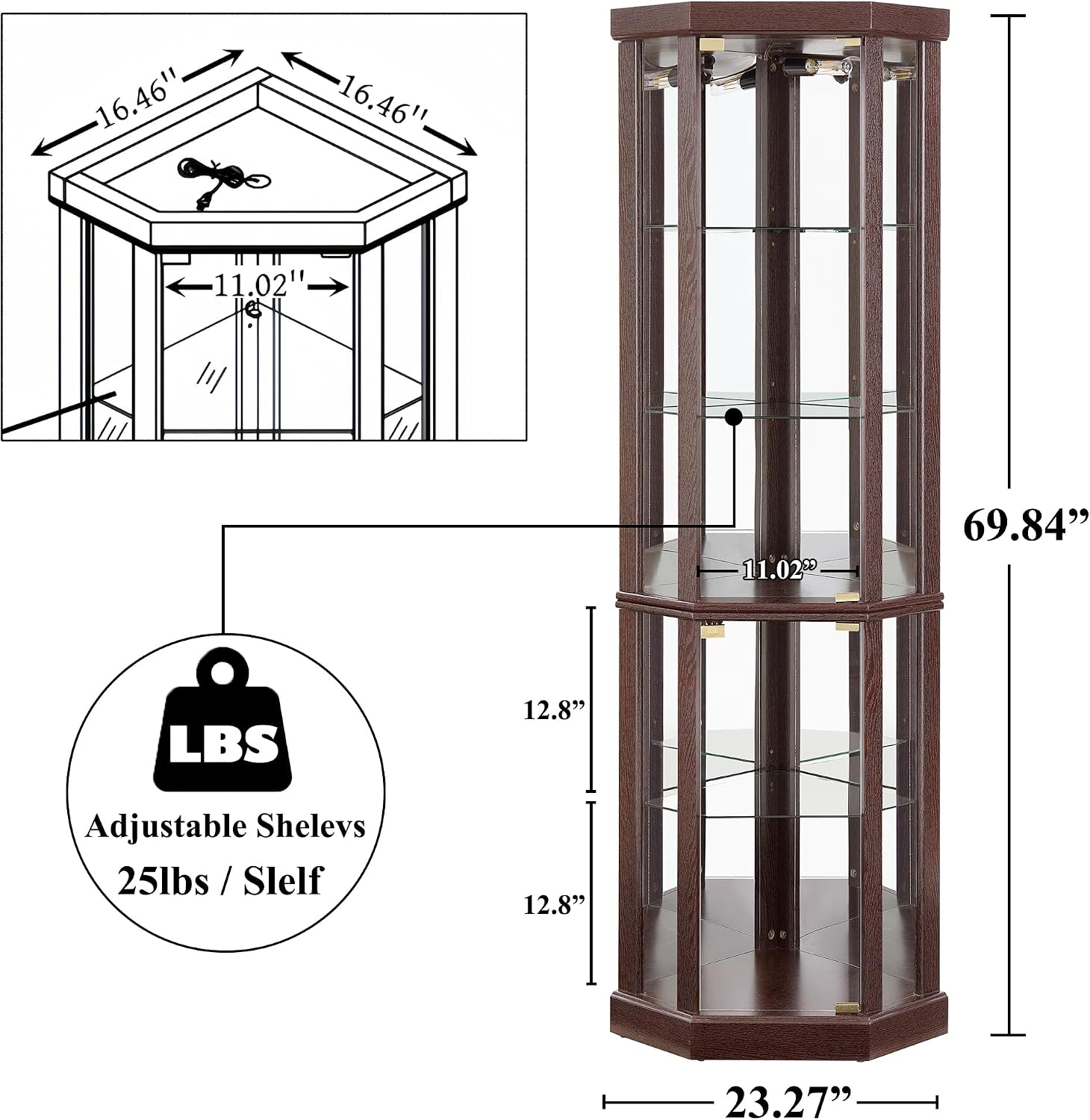 69' H Lighted Curio Cabinet Corner Display Case,Corner Glass Cabinets with Tempered Glass Door and Adjustable Shelves,Wooden Curio Cabinet with Mirrored Back Pane (Style 1 - Dark Cherry)