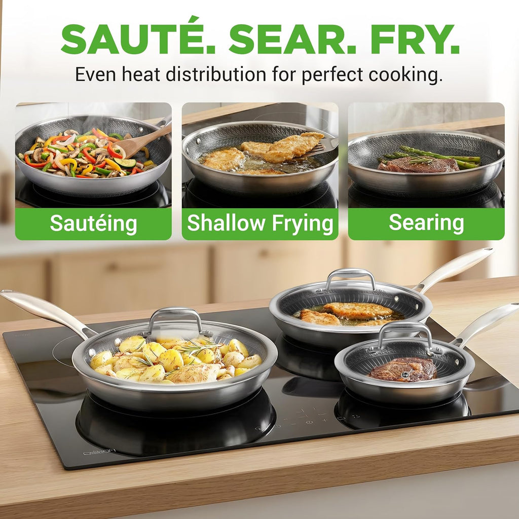 NutriChef 7-Piece Tri-Ply Stainless Steel Frying Pan Set & Wok – Nonstick, Induction Compatible, Oven Safe, Scratch-Resistant, Dishwasher Safe