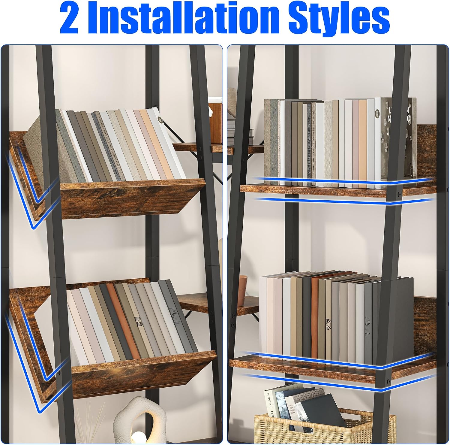 Nosepen Ladder Bookshelf with 4 Doors, 4 Tier Triple Width Large Open Storage Shelving, Industrial Style Capacity Home Office Bookcase with Adjustable Shelves, Display Cabinet Brown