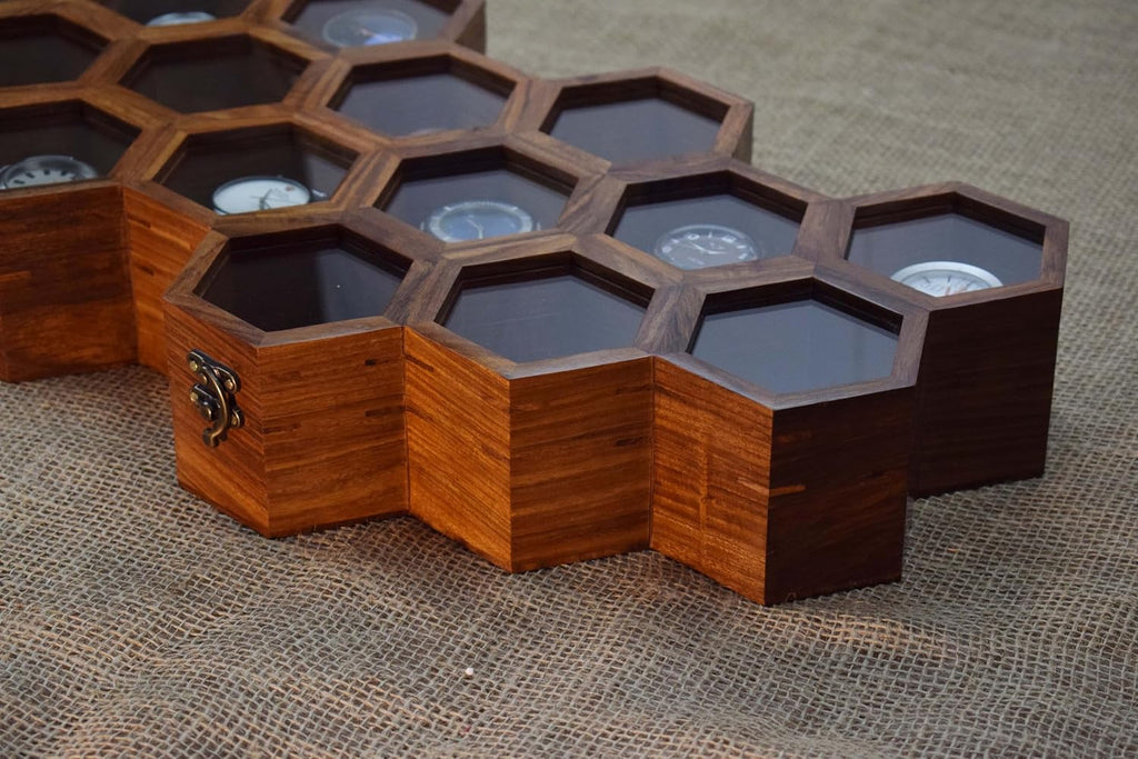 Royal Craft Expertise Dark Rosewood Honeycomb Watch Box - Sixteen Slot Display Case, Wooden Organizer for Men