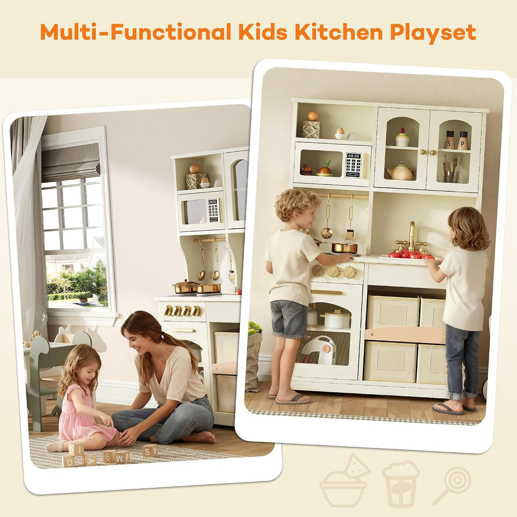 knoworld Play Kitchen for Kids, Wooden Toy Kitchen Set with Smart Storage & Accessories, Toddler Kitchen Playset with Stove & Oven, Pretend Play Set, Gift for Ages 3+, White