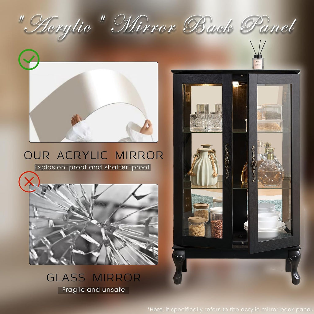 44' Small Lighted Glass Accent Curio Cabinet, Vintage China Cage with 2 Tempered Glass Doors & Adjustable Shelves, Acrylic Mirrored Pane, Elegant Wine Artwork Showcase for Living Room/Kitchen (Black)