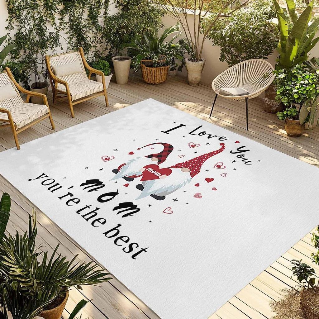 Outdoor Rug 4x6ft Mother's Day Gnomes with Romantic Red Hearts Patio Area Rugs Waterproof Easy Cleaning Non Shedding Thick Mats White Carpet for Indoor Outdoor Porch Deck Backyard Balcony