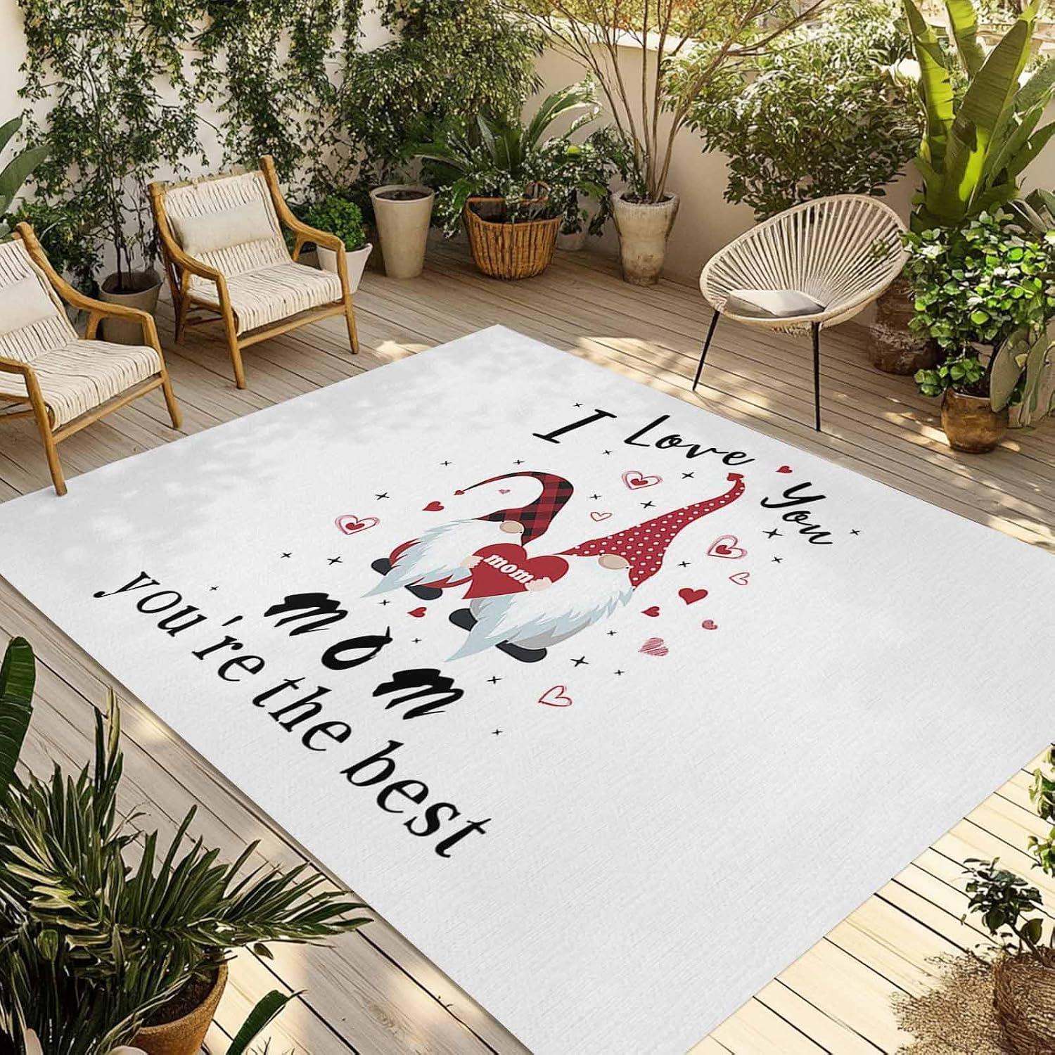 Outdoor Rug 4x6ft Mother's Day Gnomes with Romantic Red Hearts Patio Area Rugs Waterproof Easy Cleaning Non Shedding Thick Mats White Carpet for Indoor Outdoor Porch Deck Backyard Balcony