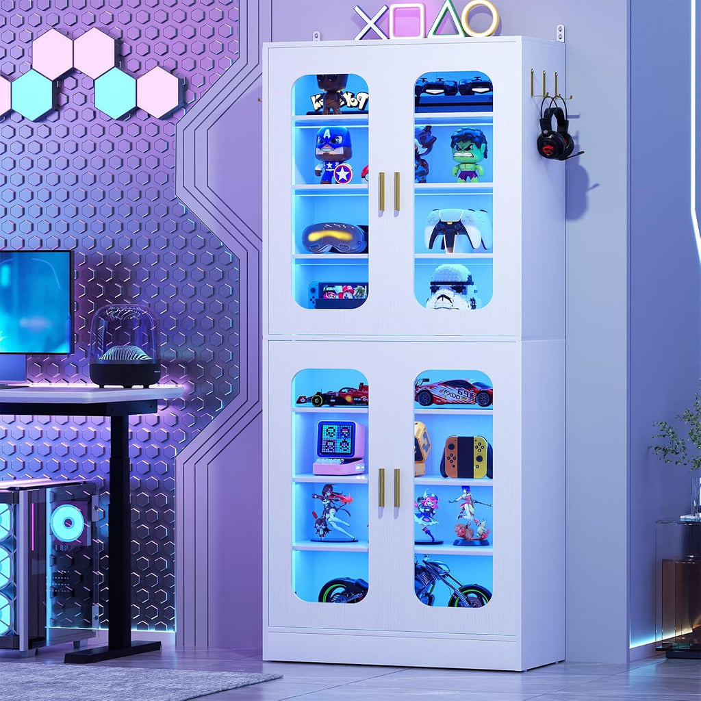 Cyclysio 67' Display Cabinet with PC Doors & LED Lighting - 8-Tier Storage Cabinet with 330lb Capacity & Adjustable Shelves for Entryway, Bedroom (White, Set of 1)