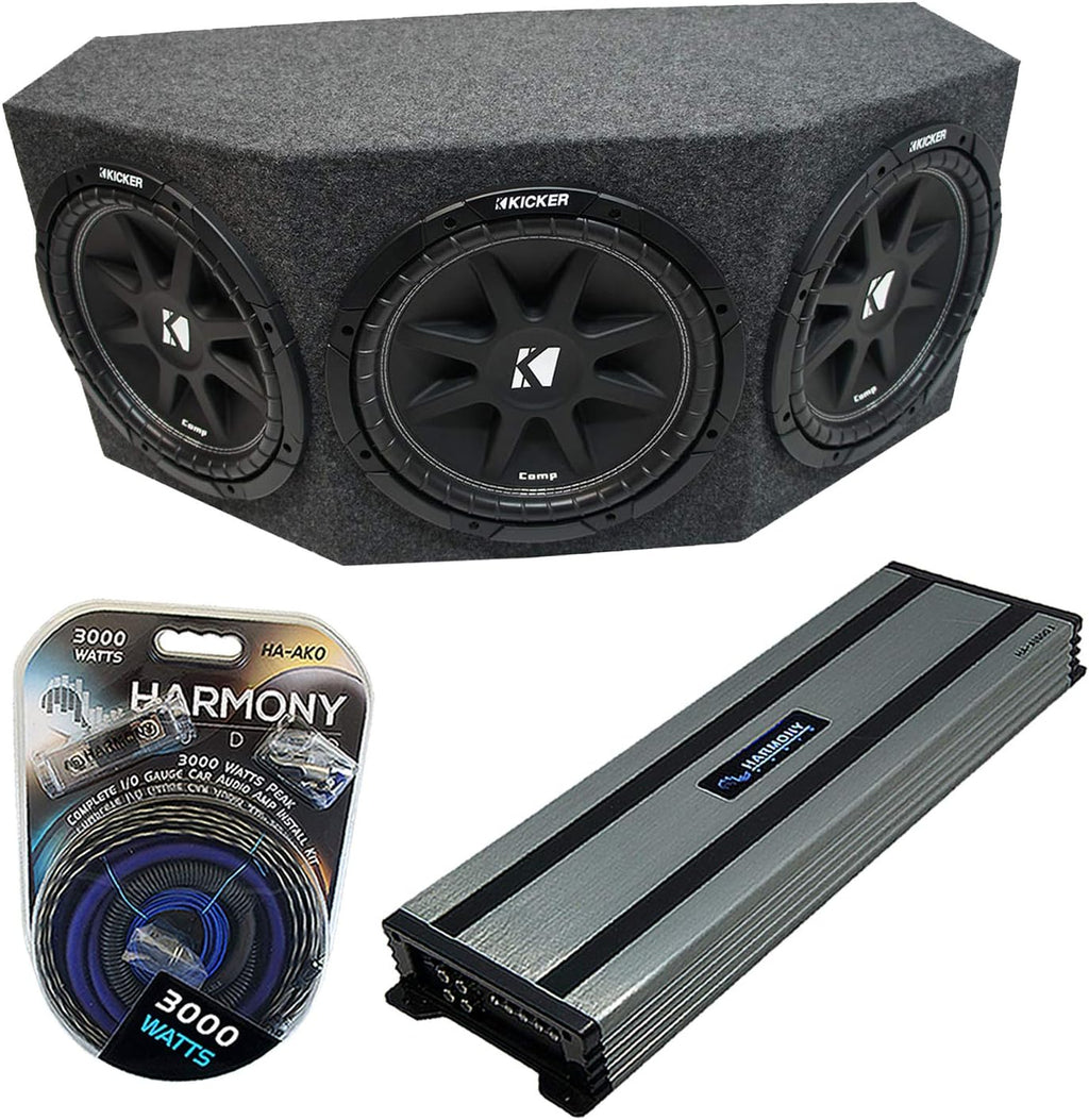 Harmony Audio Kicker Bundle C12 Comp Triple 12' Loaded Subwoofer 1800 Watt Sub Box Enclosure HA-A1500.1 Amplifier