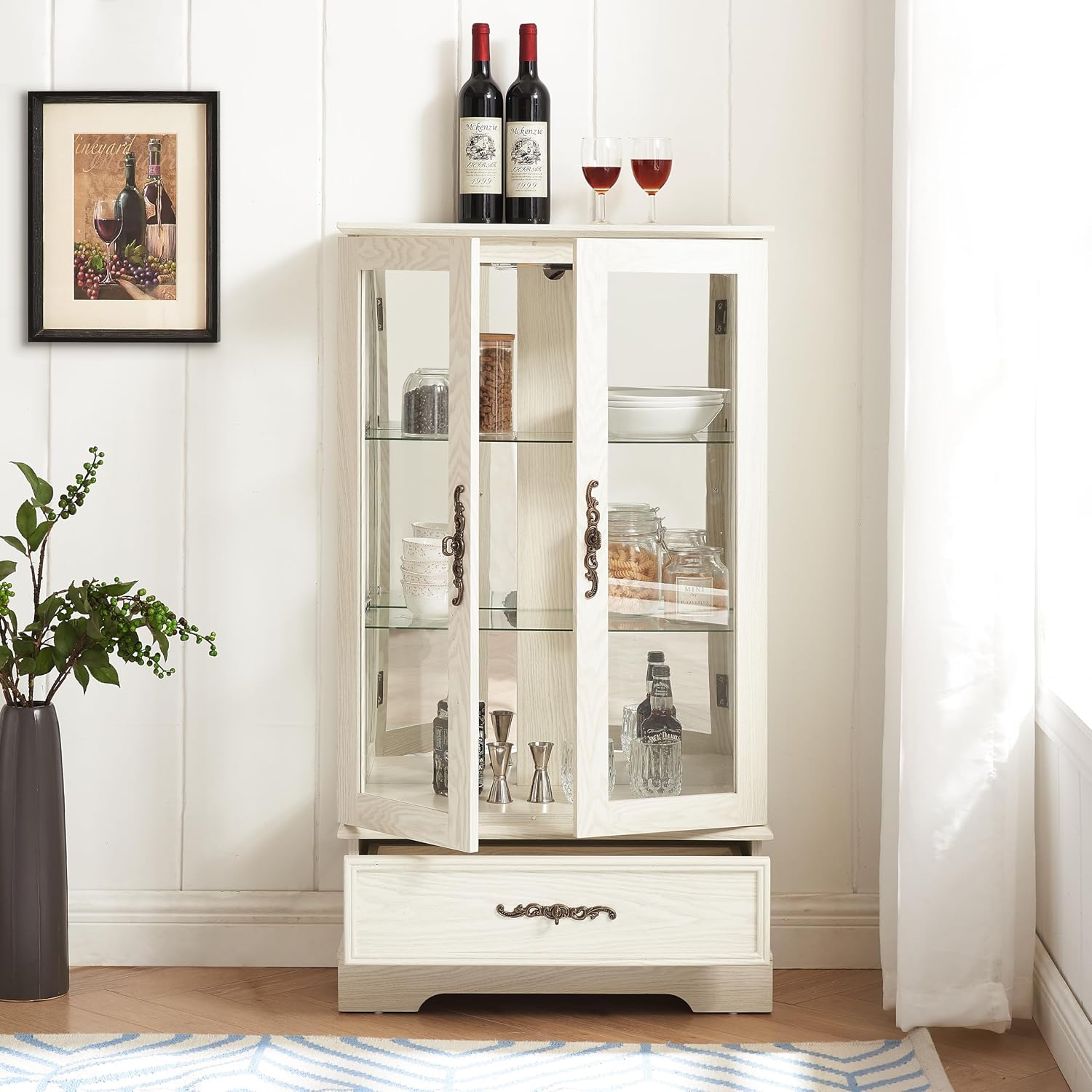 Curio Cabinet with Glass Doors Drawer, Lighted Display Cabinet with Adjustable Glass Shelves and Mirrored Back Panel, Retro Floor Standing Glass Storage Cabinet for Living Room, Antique White