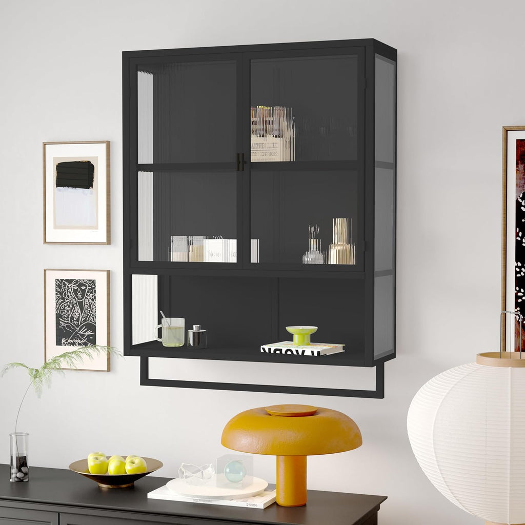 Retro Style Haze Double Glass Door Wall Cabinet with Detachable Shelves for Office, Dining Room,Living Room, Kitchen and Bathroom Mint Black