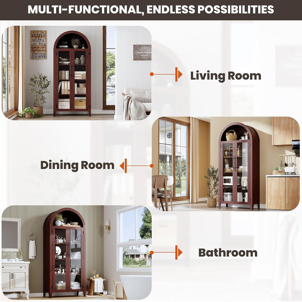 IDEALHOUSE Arched Kitchen Pantry Storage Cabinet - Farmhouse 5-Tier Display Shelf with 2 Large Glass Doors and Adjustable Shelf, Versatile Cupboard for Kitchen, Dining Room, Living Room, Walnut