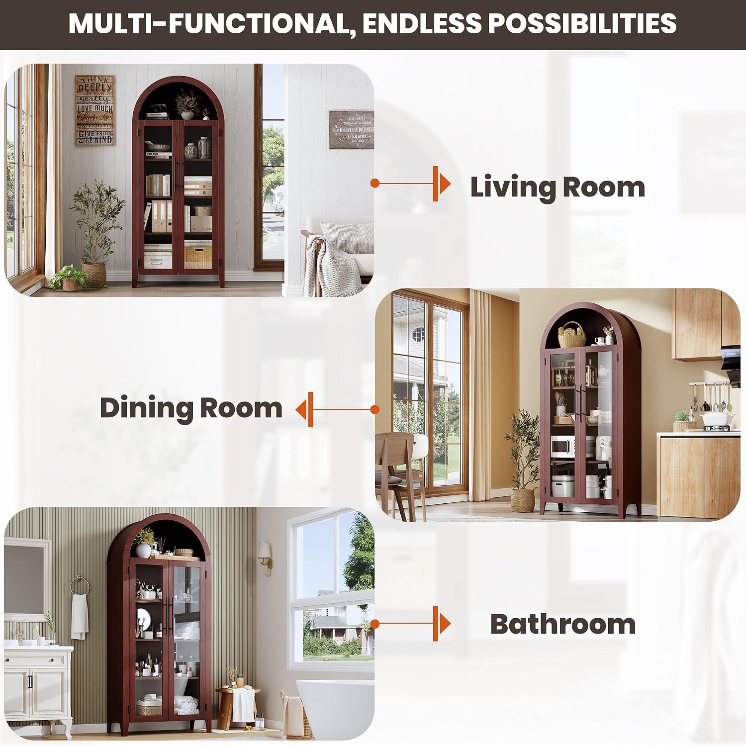 IDEALHOUSE Arched Kitchen Pantry Storage Cabinet - Farmhouse 5-Tier Display Shelf with 2 Large Glass Doors and Adjustable Shelf, Versatile Cupboard for Kitchen, Dining Room, Living Room, Walnut