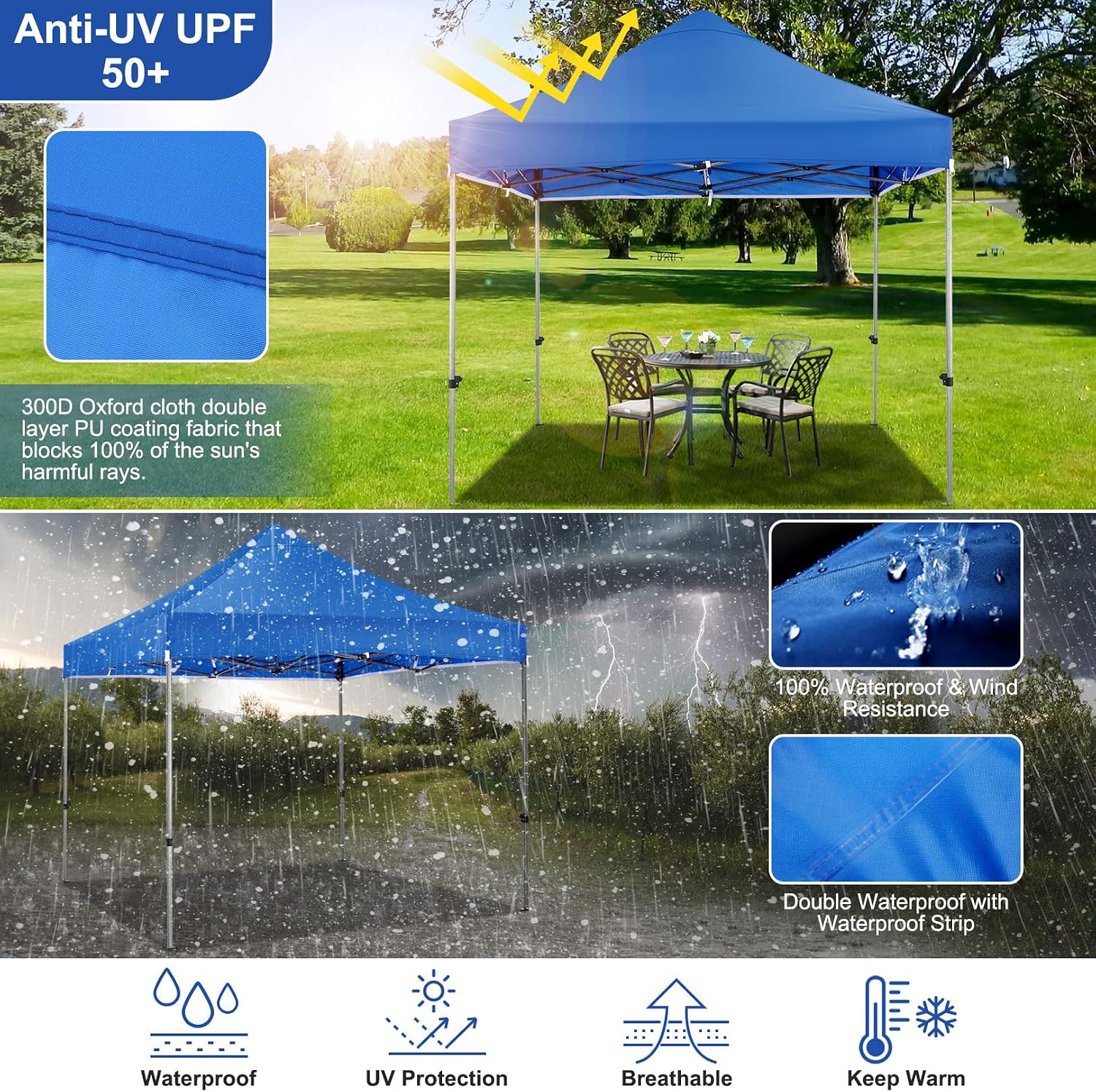 COBIZI 10x15 Heavy Duty Pop Up Canopy Tent with 4 Sidewalls Thicken Frame, Commercial Easy Up Outdoor Wedding Party Tents, All Season Waterproof Windproof with Stakes Sandbags Ropes Bag, Uranus