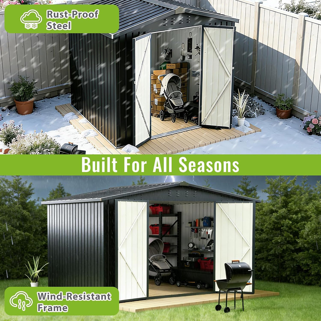 8 X 8 FT Metal Outdoor Storage Shed, Waterproof Garden Utility Shed with Lockable Door, All-Weather Storage Shelter for Bikes,Tool for Patio Lawn Backyard Garden Black