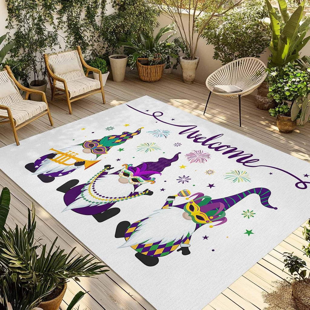 Outdoor Rug 4x6ft Carnival Festival Funny Gnomes Celebration Patio Area Rugs Waterproof Easy Cleaning Non Shedding Thick Mats White Carpet for Indoor Outdoor Porch Deck Backyard Balcony