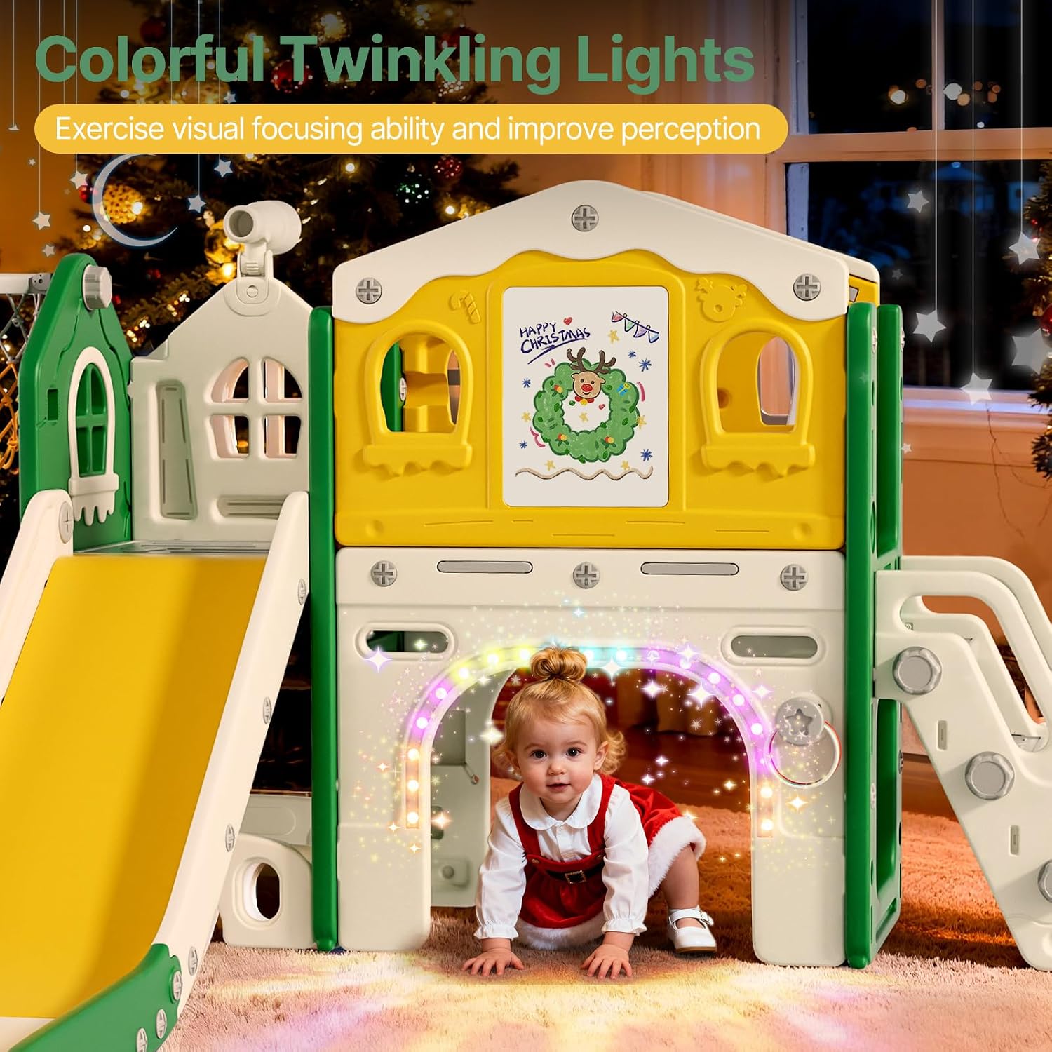 BIERUM 9 in 1 Toddler Slide Set - Baby Slide for Toddlers 1-3 with Colorful Lights, Drawing Board and Building Blocks Board, Indoor Outdoor Toddler Playset Playground, Green Yellow