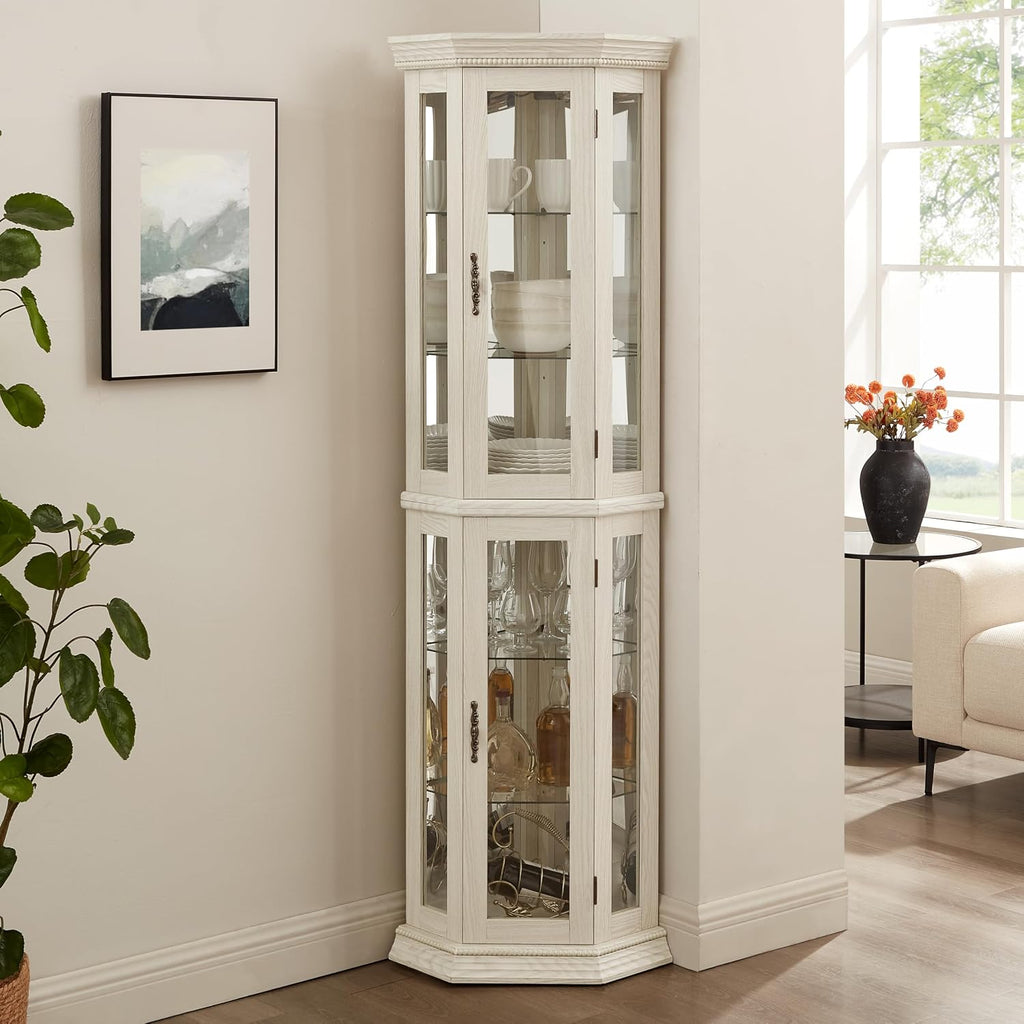 69'H Lighted Corner Display Cabinet, 6-Tier Wooden Curio Glass Cabinet with Adjustable Shelves & Glass Door, Corner Storage Display Case with Mirrored Back Pane for Living Room (Antique White)