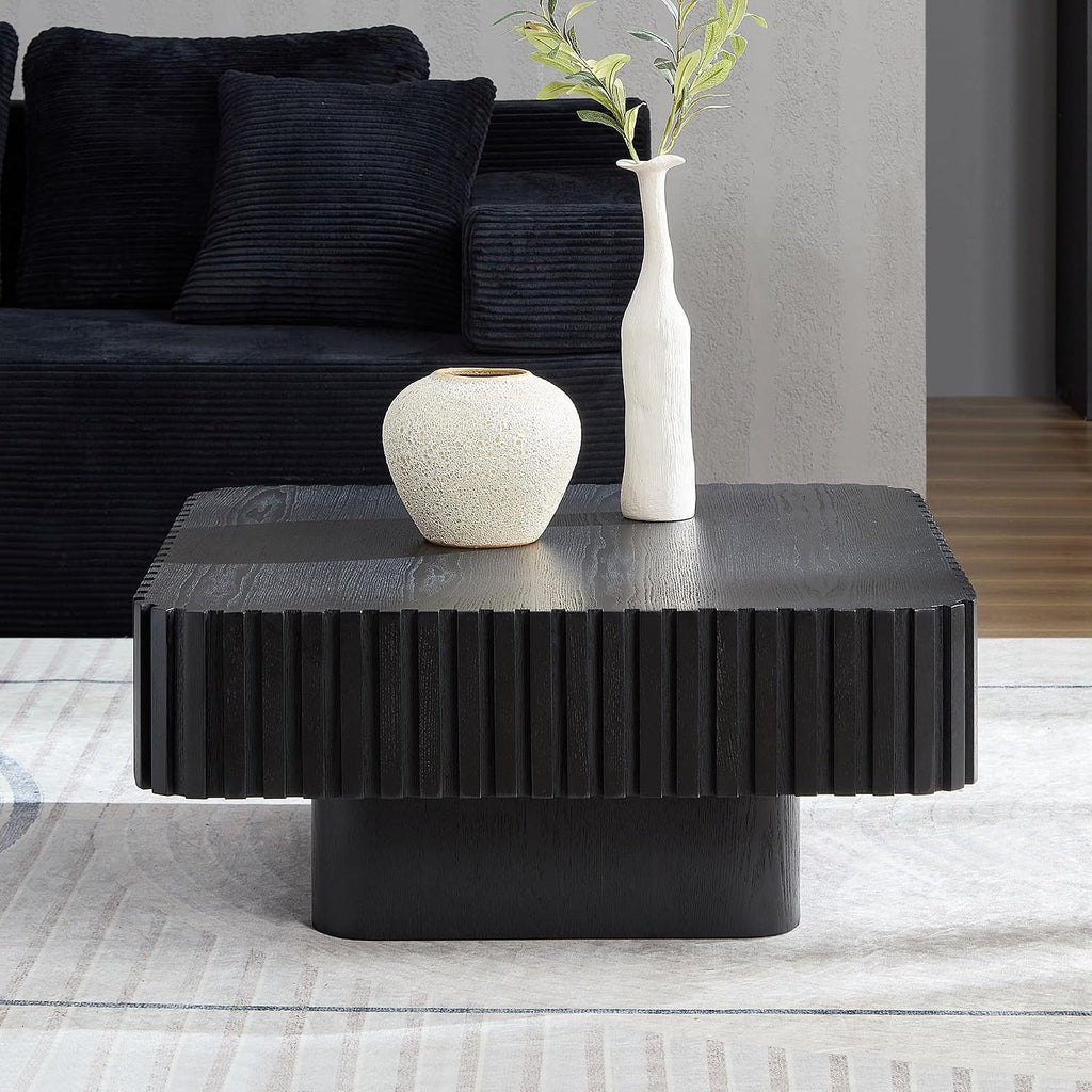 31.49'' Square Coffee Table Set of 2 for Living Room, Modern Wood Drum Pedestal Flute Embossment Coffee Table, Easy Assembly (Black, 2-Pcs)