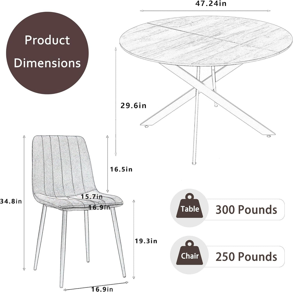 RGZ 47' Round Table Set for 6, 7 PCS Modern Wooden Circle Dining Table for 2-6, Walnut Round Dining Table with Steel Legs & 6 Black Velvet Upholstered Chairs for Dining Room, Living Room, Kitchen