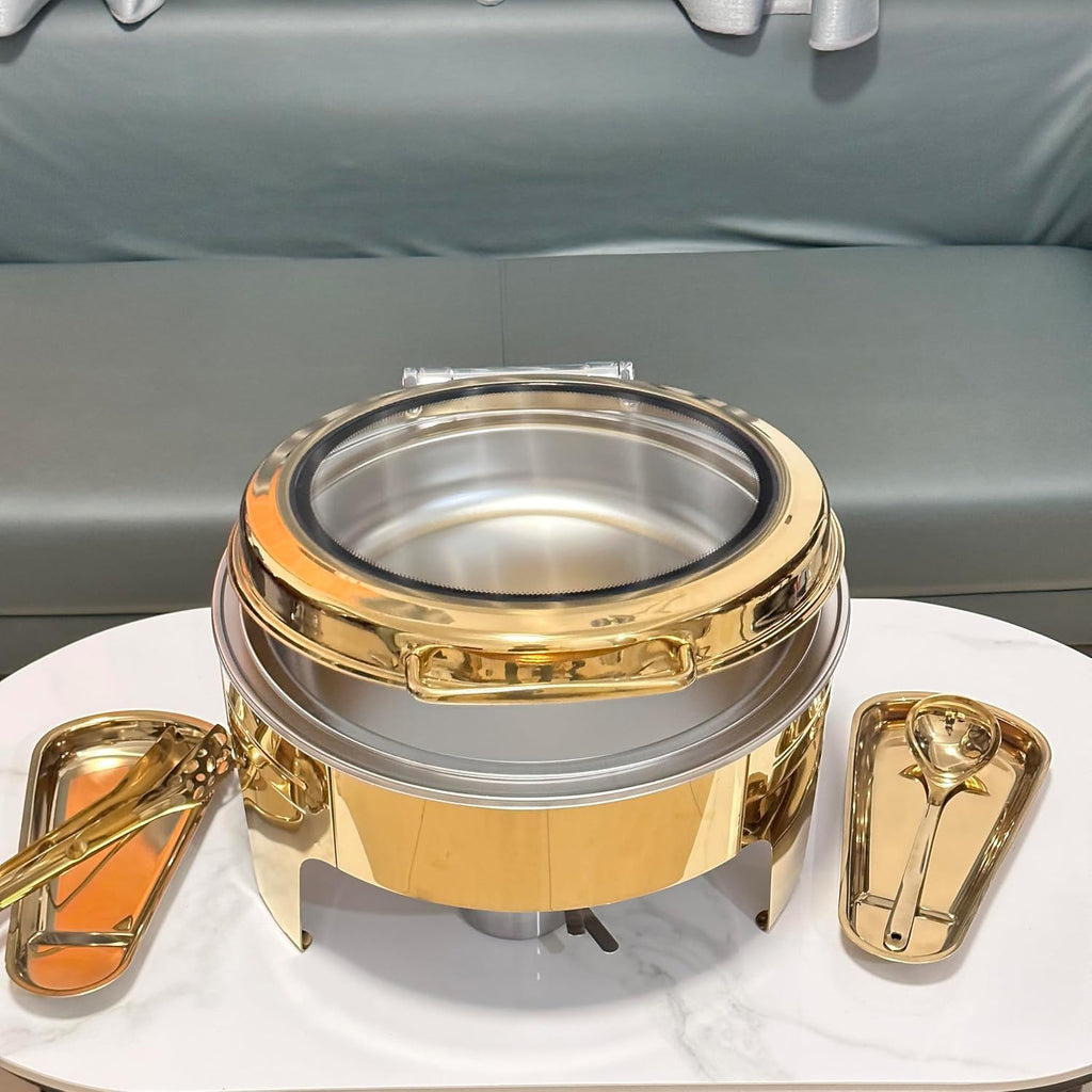 1Pack 6.8 Qt Golden Chafing Dish Buffet Set with Big Visible Window, Round Stainless Steel Buffet Servers and Warmers for Catering, Parties, Hotels and Weddings
