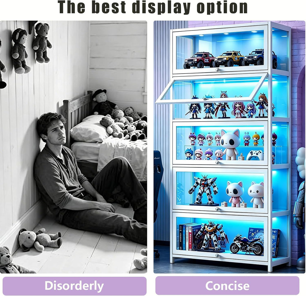 Curio Display Cabinet with Acrylic Glass Door, 5-Tier Display Case, Curio Cabinet & Bookcase for Collectibles, Display Shelf for Home, Reading Nook, Playroom, Living Room (White-flip Door)