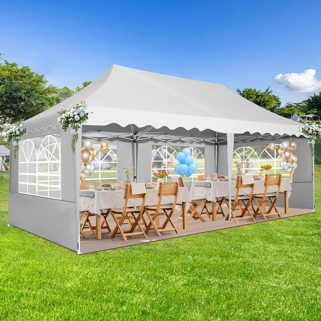 HOTEEL 10x20 Pop Up Canopy Tents for Parties, Outdoor Tent with 6 Sidewalls & Wheeled Bag & 4 Sandbags, Easy Setup for Wedding, Patio Events, Commercial, Party -Waterproof and UV50+ Protection, White