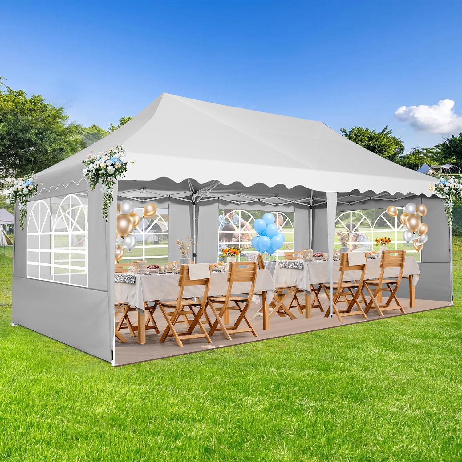 HOTEEL 10x20 Pop Up Canopy Tents for Parties, Outdoor Tent with 6 Sidewalls & Wheeled Bag & 4 Sandbags, Easy Setup for Wedding, Patio Events, Commercial, Party -Waterproof and UV50+ Protection, White