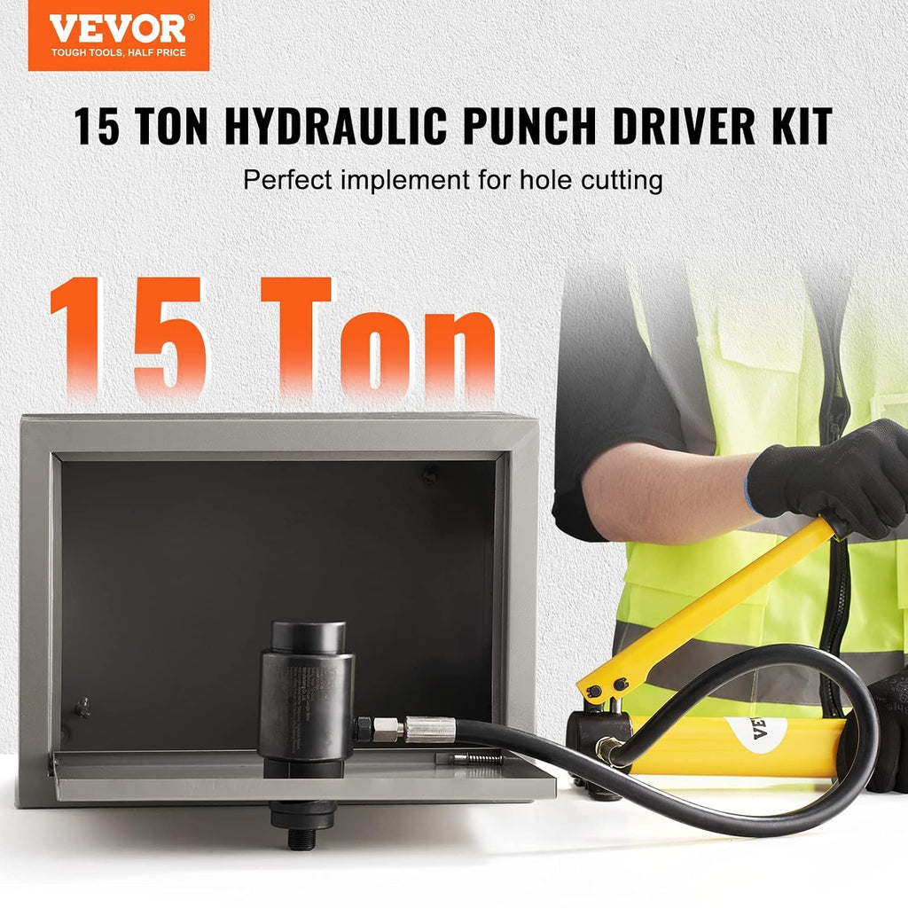 VEVOR 15 Ton Hydraulic Knockout Punch Kit, 1/2' to 4' Conduit Hole Cutter Set, KO Tool Kits W/Puncher 10 Piece, Metal Sheet Driver Tools, for Aluminum, Brass, Stainless Steel, Fiberglass and Plastic