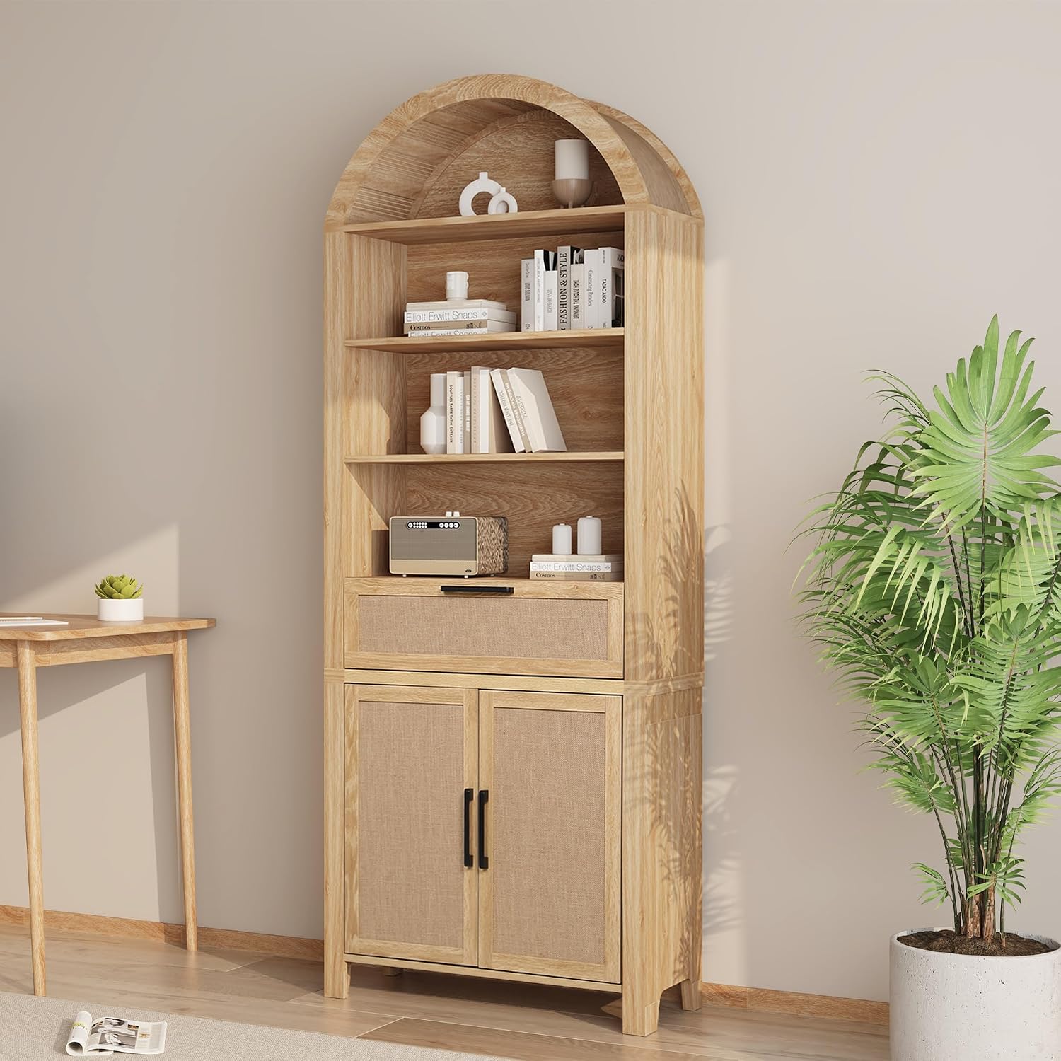 Janmer Home 79' Tall Arched Bookcase with Storage, Mid Century Modern 6-Tier Cabinet with Door, Arched Bookshelf with Open Display Shelf for Office Living Room (Natural, 79inch-Doors)