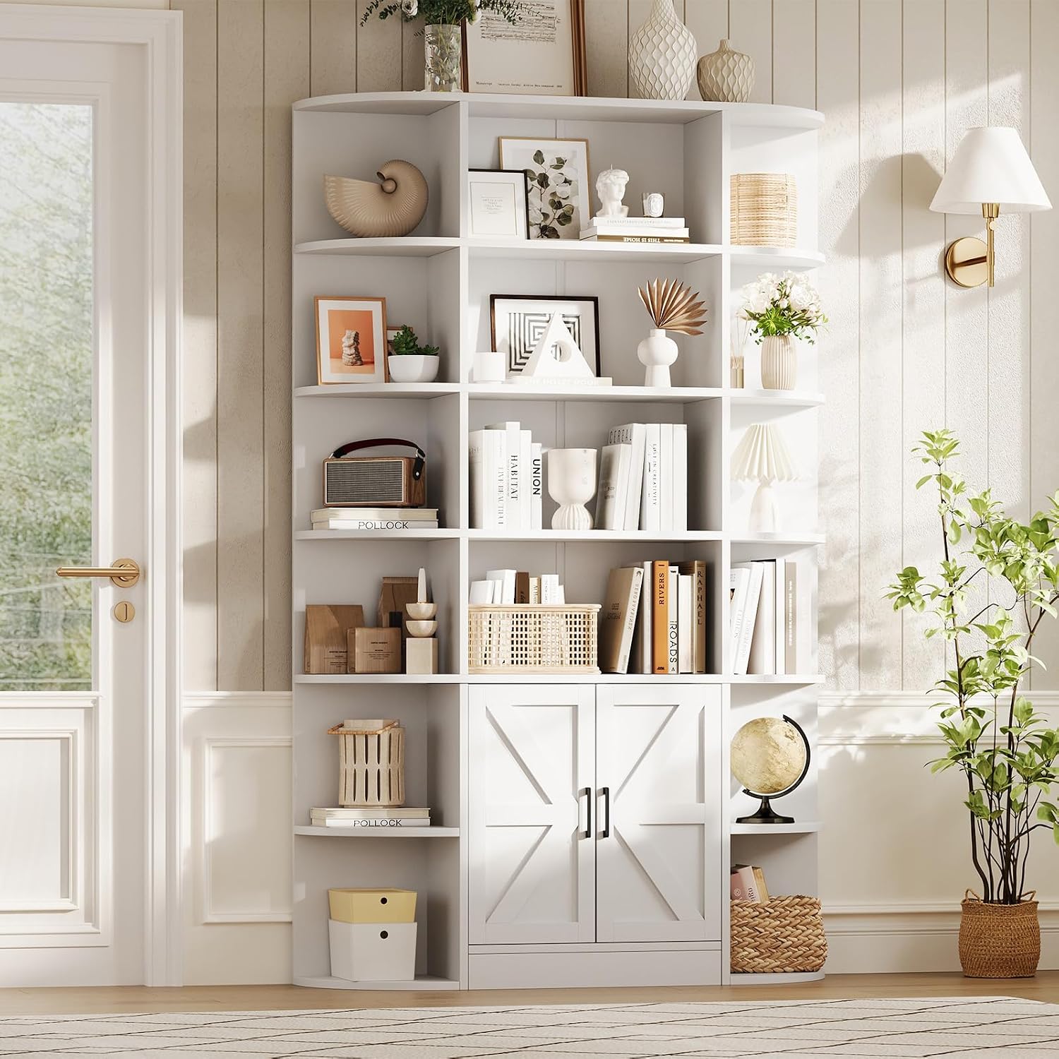 Garvee 75in Tall Bookcase with Storage Cabinet, 6-Tier Wide Floor Bookshelf with Doors, Modern Wooden Standing Display Shelf Organizer for Home Office Living Room Bedroom, White