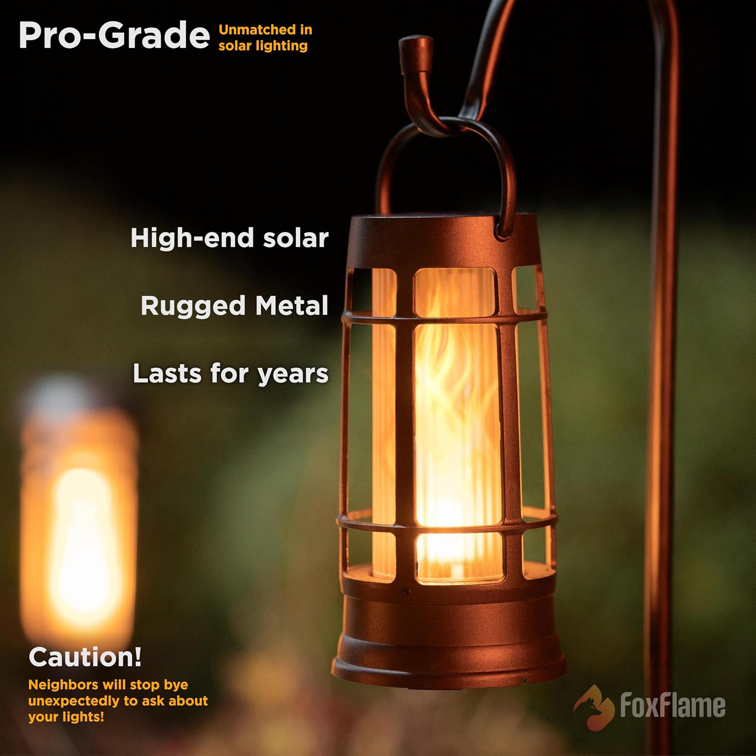 FoxFlame Metal Outdoor Solar Lantern, Flickering Solar Lanterns Outdoor Waterproof with Patented LED,Outdoor Lanterns for Porch,Patio,Garden,Tabletop,Hanging Use,Matte Black(4 Pack)