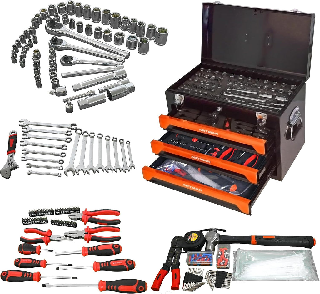 20' Portable Tool Box with Key Lock, 439 Piece Mechanics Tool Set, 3 Drawers & Top Storage Tray Toolbox with Metal Latches & Carrying Handle for Garage, Warehouse, Repair Shop & Home (Orange)