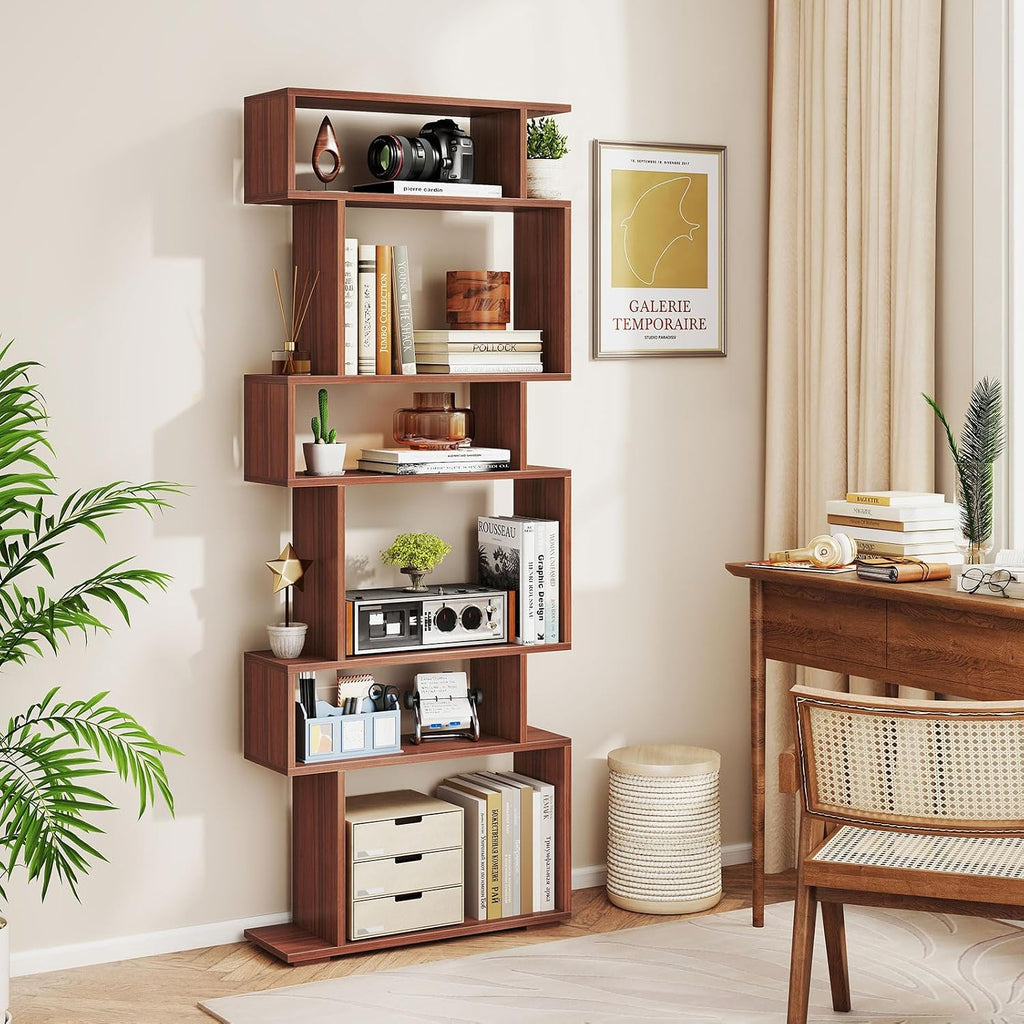 Giantex 6-Tier Geometric Bookshelf Set of 2, S-Shaped Bookcase with 2 Anti-Tipping Kits, Wooden Display Shelf, Decorative Storage Shelving Unit, Home Storage Organizer for Office Living Room, Walnut