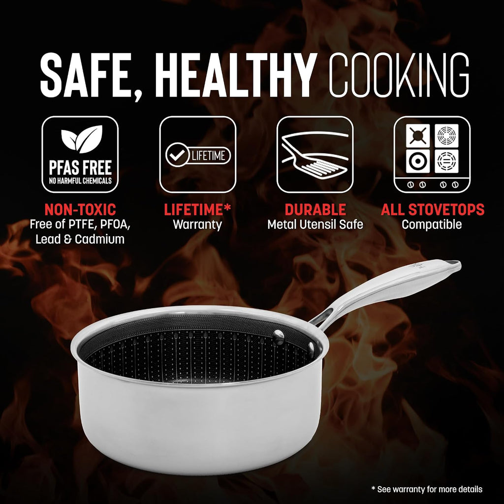 Hell's Kitchen Hybrid 2.5 Qt Saucepan with Lid, Tri-Clad Stainless Steel, PFAS-Free Ceramic Nonstick, no PFOA, PTFE, Teflon, Non Toxic Cookware, Metal Utensil Resistant, All Cooktops and Oven Safe