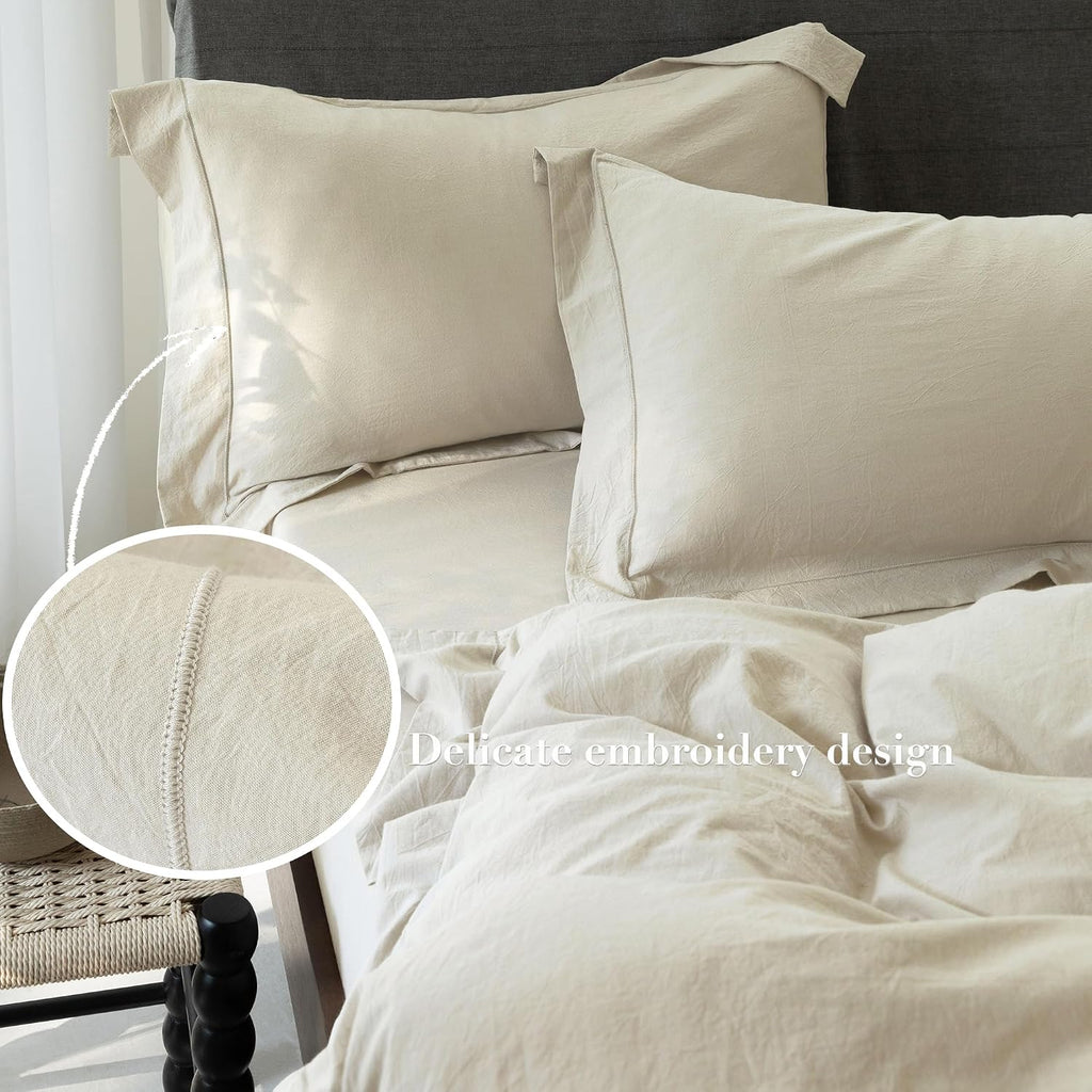 Cooling Duvet Cover Set 3 Pieces-100% Washed Cotton with Chic Wide Trim Design Linen Like Textured Ultra Soft Cozy Bedding with Zipper Closure(Hemmed Almond Grey,Oversized King 120'x98')