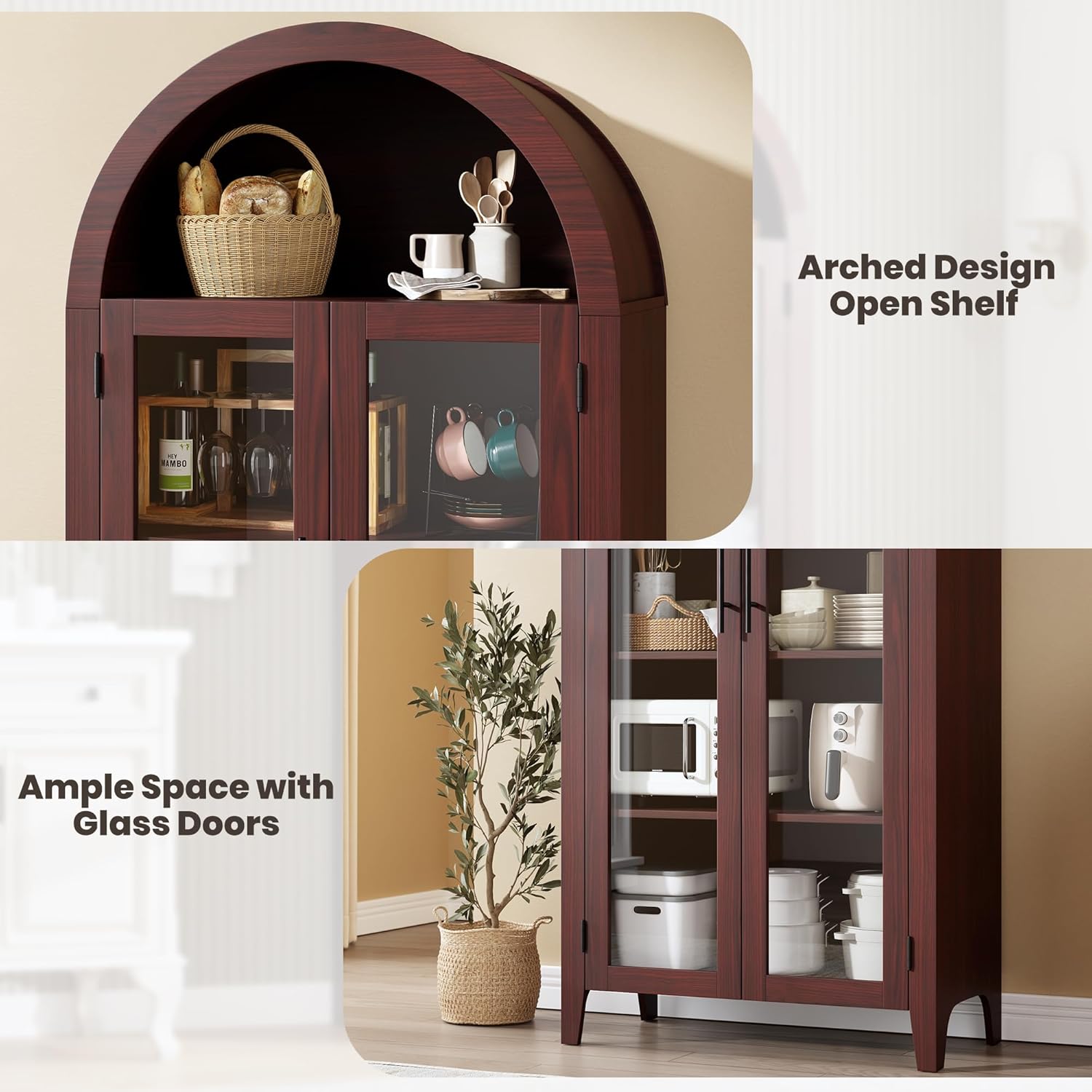 IDEALHOUSE Arched Kitchen Pantry Storage Cabinet - Farmhouse 5-Tier Display Shelf with 2 Large Glass Doors and Adjustable Shelf, Versatile Cupboard for Kitchen, Dining Room, Living Room, Walnut