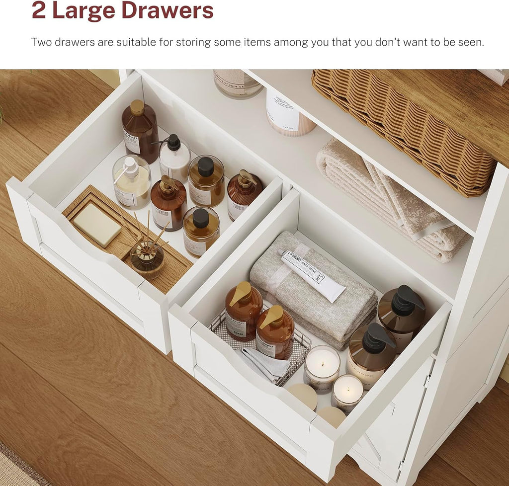 TEENFON Storage Cabinet with Doors & 2 Drawers, Kitchen Cabinet with Adjustable Shelf, Pantry Cabinets, Bathroom Cabinets, for Living Room, Entryway, Home Office, White