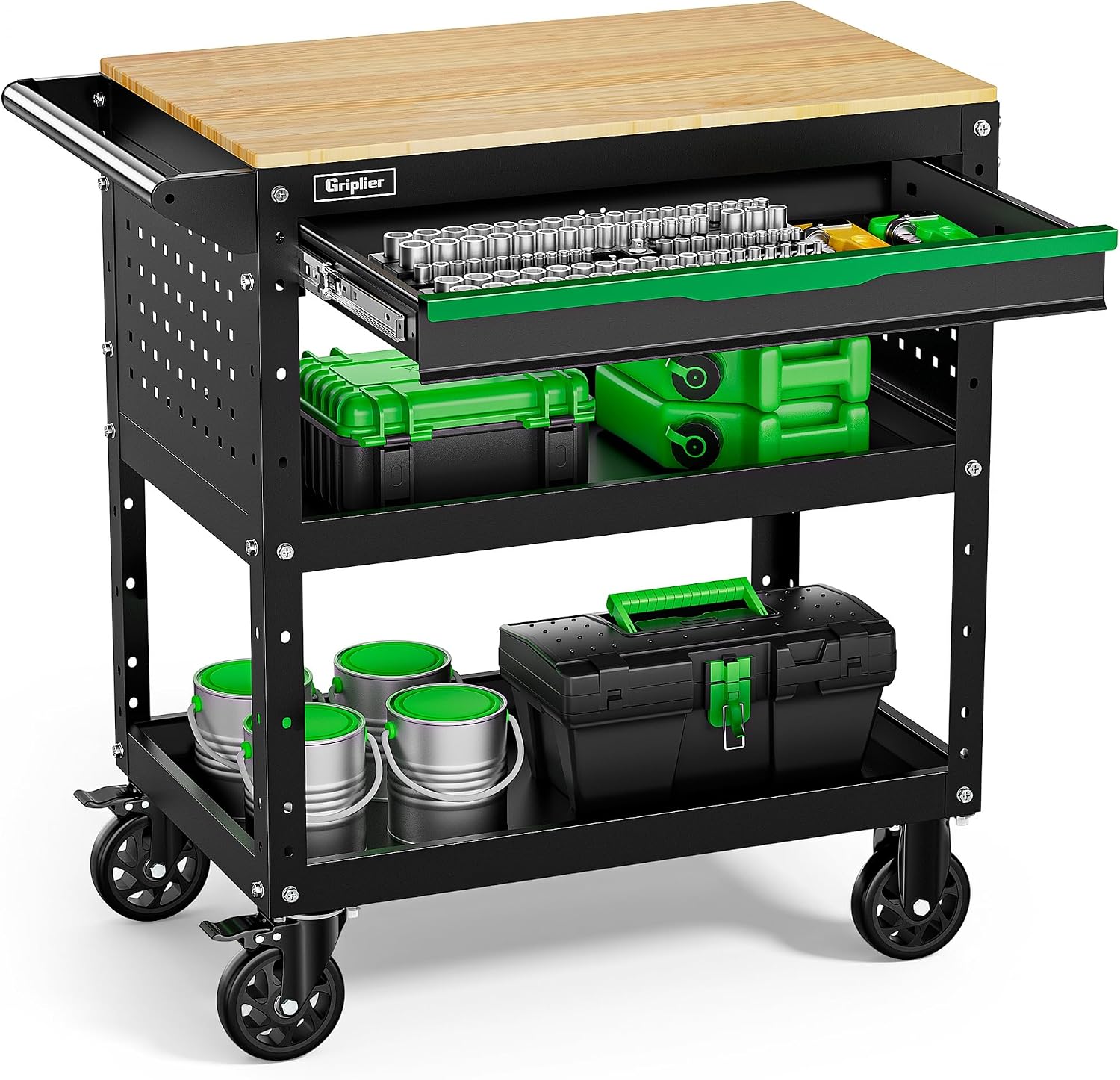 Rolling Tool Cart, 3-Tier Workshop Storage, Black Metal Frame with Wooden Top Workbench, Heavy-Duty Wheels,330LB Load Capacity Organizer Cabinet for Garage, Warehouse, Repair Shop