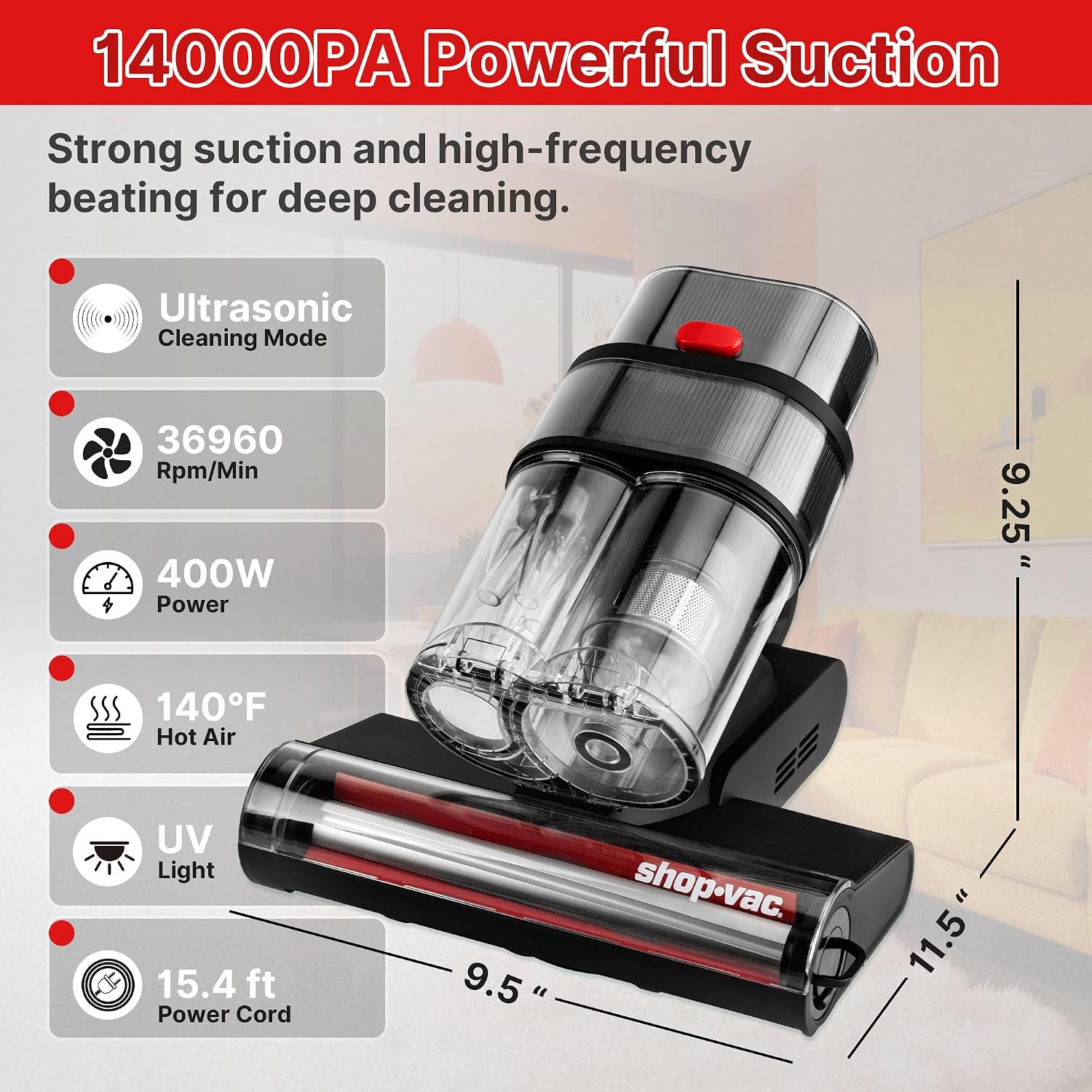 Shop-Vac Mattress Vacuum Cleaner, 14KPa Powerful Bed Vacuum with 253.7nm UV-C Light, 36960 RPM/Min Tapping, HEPA Filter & Ultrasonic, Dual Cup Filtration, for Bed, Sofa, Couch, 400W, 15.4 ft Corded
