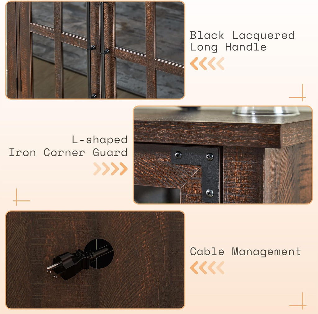 AMERLIFE Farmhouse 63' Buffet Sideboard Cabinet with Glass Door, Large Storage Cabinet with Adjustable Shelf, Wooden Coffee Bar Station for Kitchen, Dinning Room, Brown