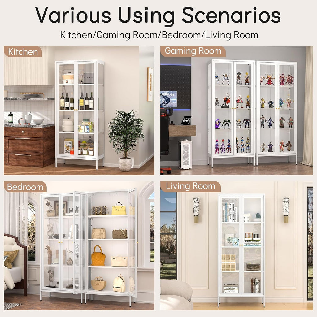Polup Glass Display Cabinet with Glass Doors, White Curio Cabinet with 3 Side Tempered Glass, 66' Tall Bookcase Display Case for Collectibles, Metal Storage Cabinet for Living Room, Assemble Required