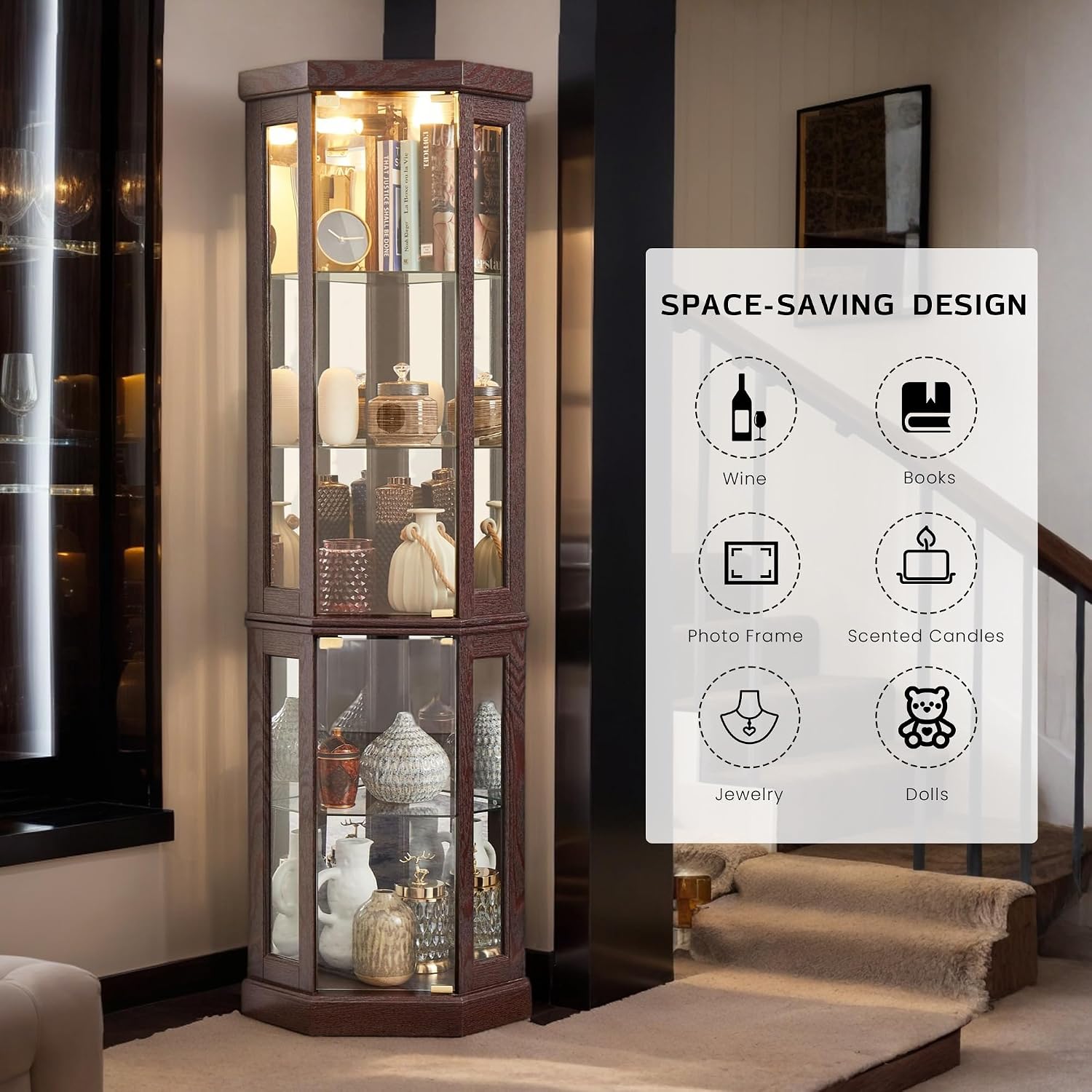 Corner Curio Cabinet, 70' H Lighted Glass Display Cage with Tempered Glass Doors and Adjustable Shelves, Bulb Inclued, Wine Bar China Cabinet for Living Room Liquor Storage (Dark Cherry)