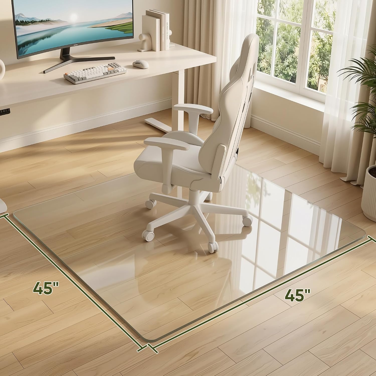 Tempered Glass Chair Mat for Hardwood Floor, 45' x 45' Heavy Duty Glass Office Chair Mat, for Low Pile Carpet, 0.2' Thick with 4 Non-Slip Pads, Smooth Rolling for Home & Office