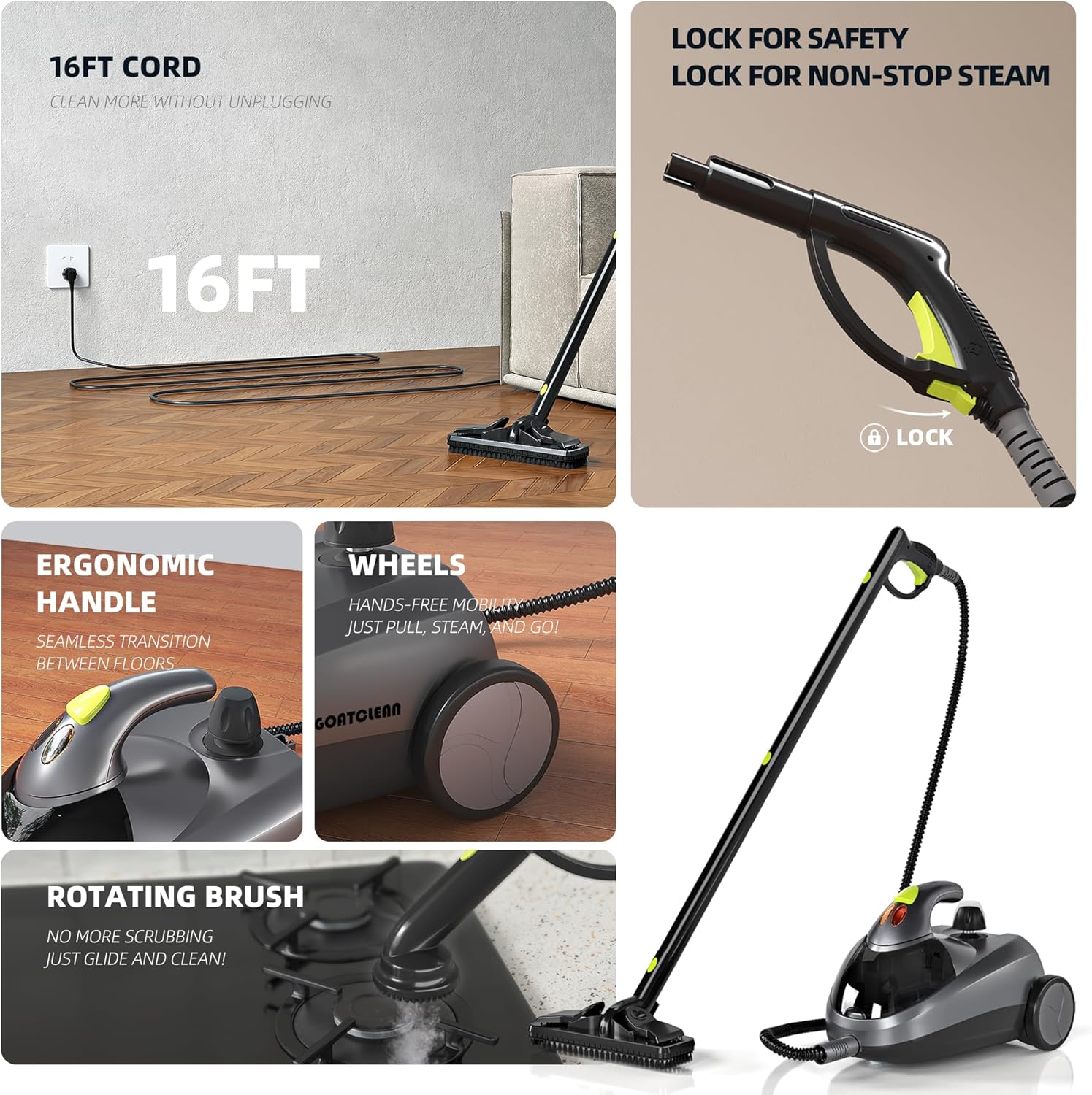 Heavy-Duty Steam Cleaner - 1500W Multipurpose Handheld Floor Steamer with 22 Accessories 16ft Cord for Home, Car Detailing, Tile, Grout, Wallpaper, Upholstery, Window, Deep Cleaning
