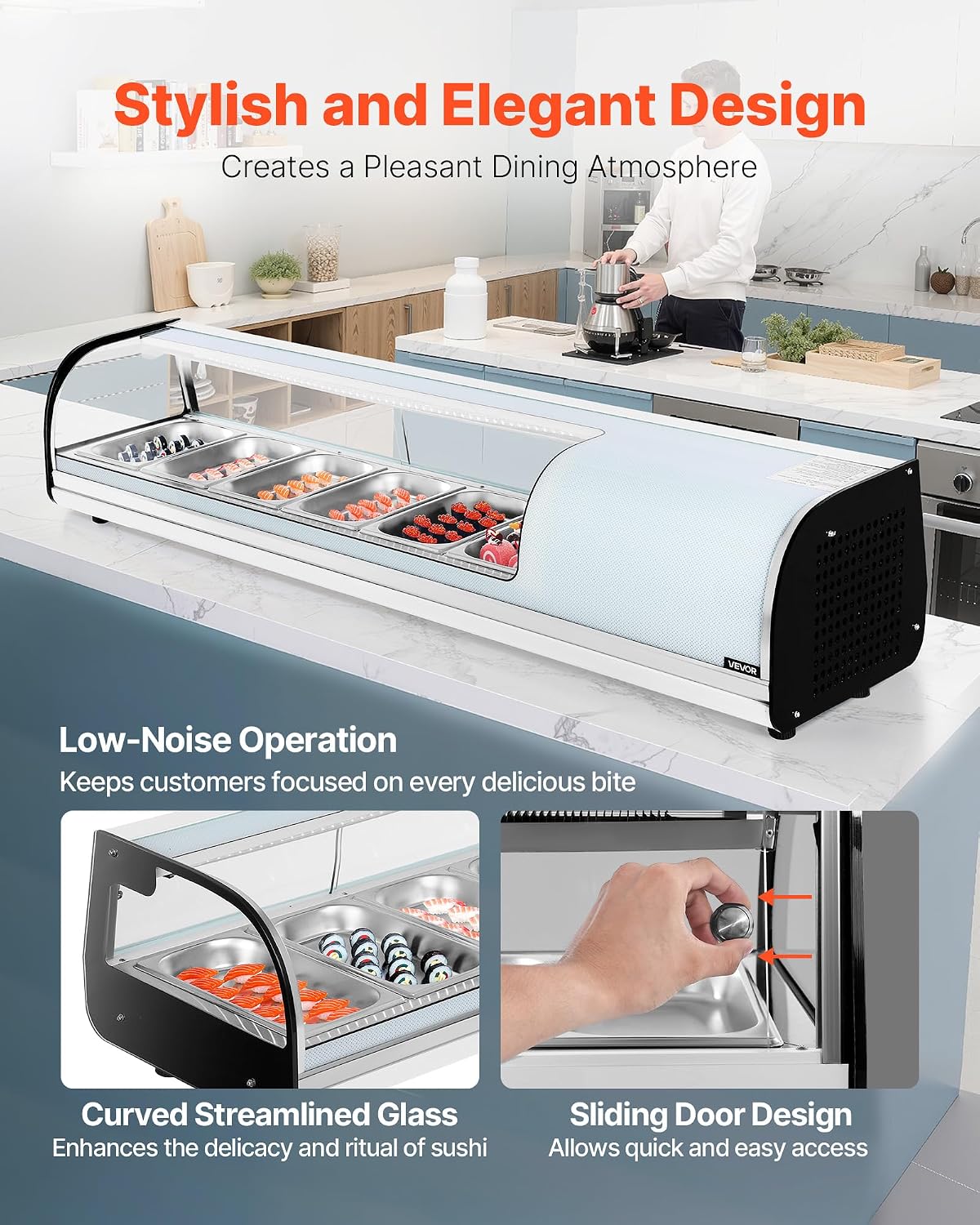 VEVOR Sushi Display Case Refrigerator, 2.2 Cu.ft Commercial Sushi Case, 6-Pan Countertop Showcase with Curved Glass, LED Lighting, and Digital Temperature Control, for Sushi-Bar, Restaurant, Store
