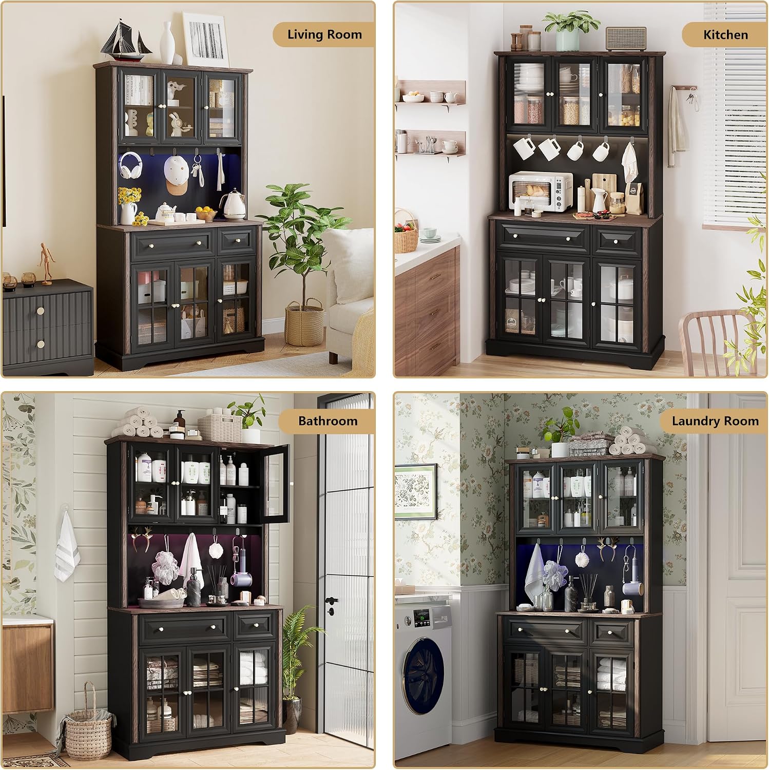 70' Kitchen Pantry Cabinet with Power Outlet| LED Lights, 38' W Kitchen Hutch Storage Cabinet with Countertop, Tall Kitchens Hutch Cabinets for Home Dining Living Room, Black